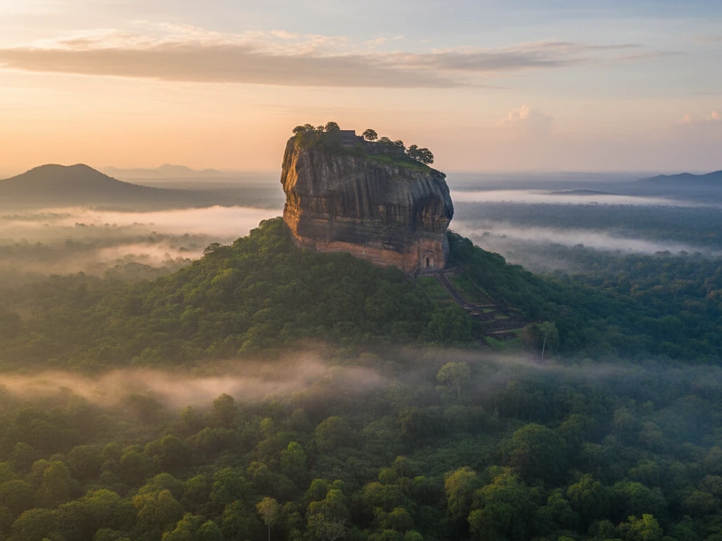 Sigiriya Lion Rock fortress rising dramatically from misty green jungle canopy at dawn.