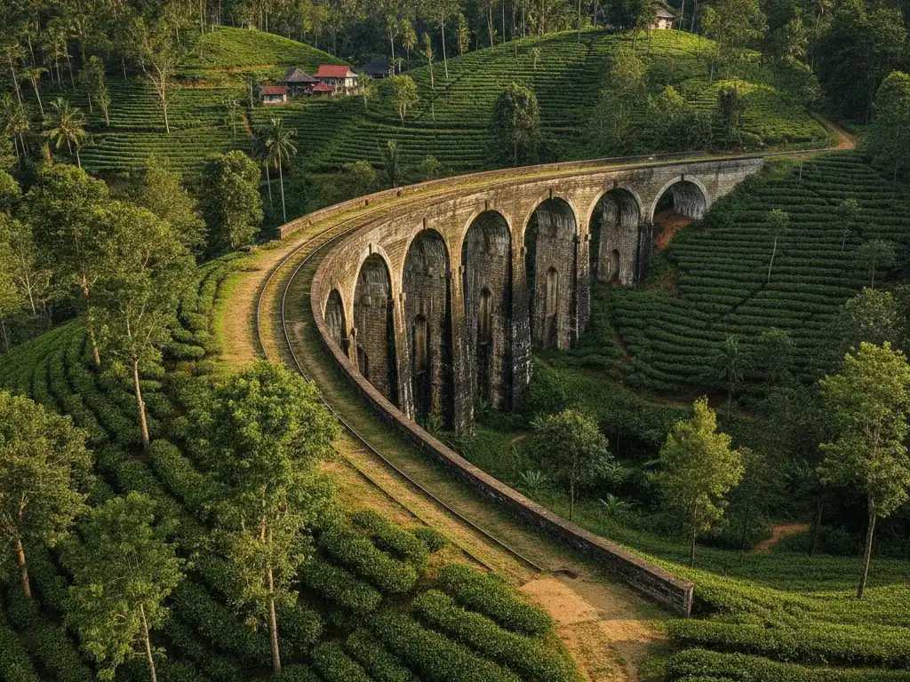 Nine Arch Bridge's colonial stone arches curving through Ella's lush tea plantations.