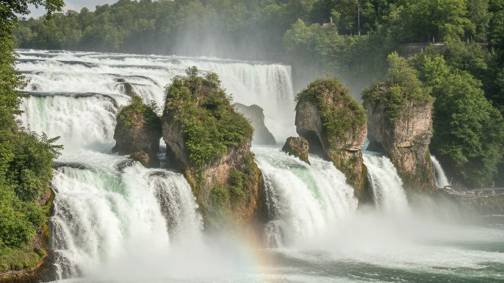 Rhine Falls cascading over rocky ledges with mist rising through lush greenery