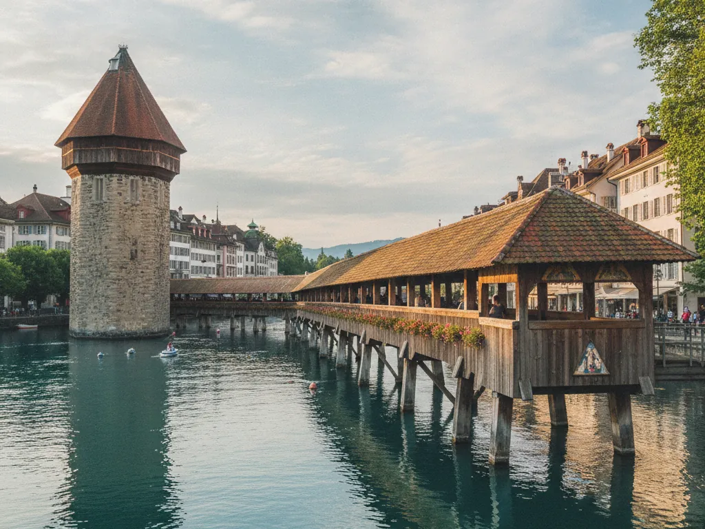 Chapel Bridge's wooden covered walkway spanning Reuss River in Lucerne's old town