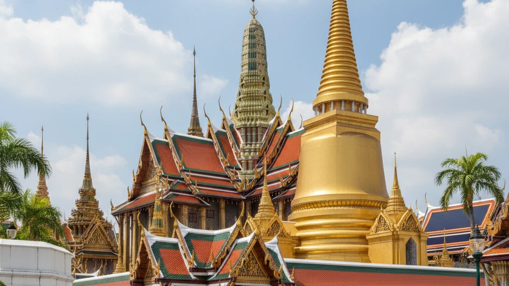 Grand Palace golden spires and ornate temple rooftops gleaming under Bangkok's tropical sun.