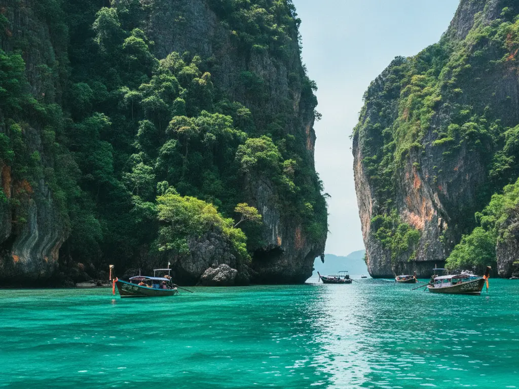 Phi Phi Islands limestone cliffs rising dramatically from turquoise Andaman Sea waters.