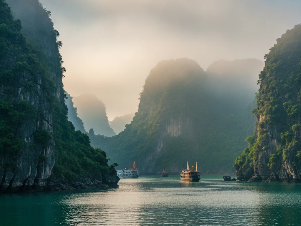 Ha Long Bay's limestone karsts rising dramatically from emerald waters under misty morning light.