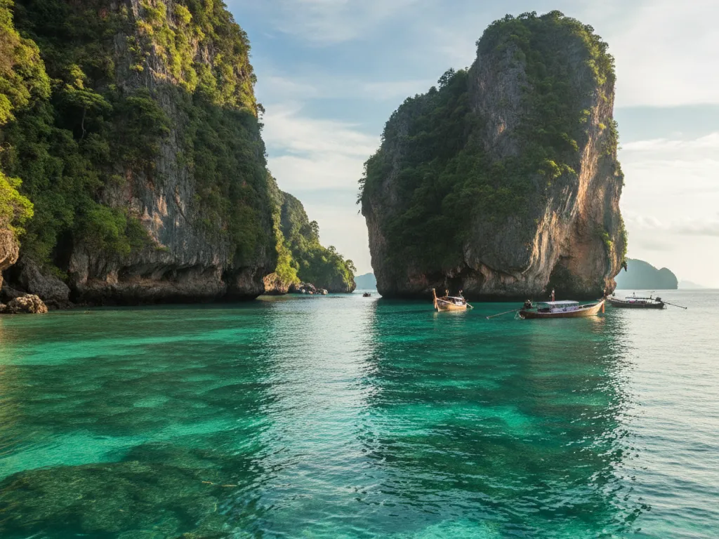 Phi Phi Islands limestone cliffs rising dramatically from turquoise Andaman Sea waters.