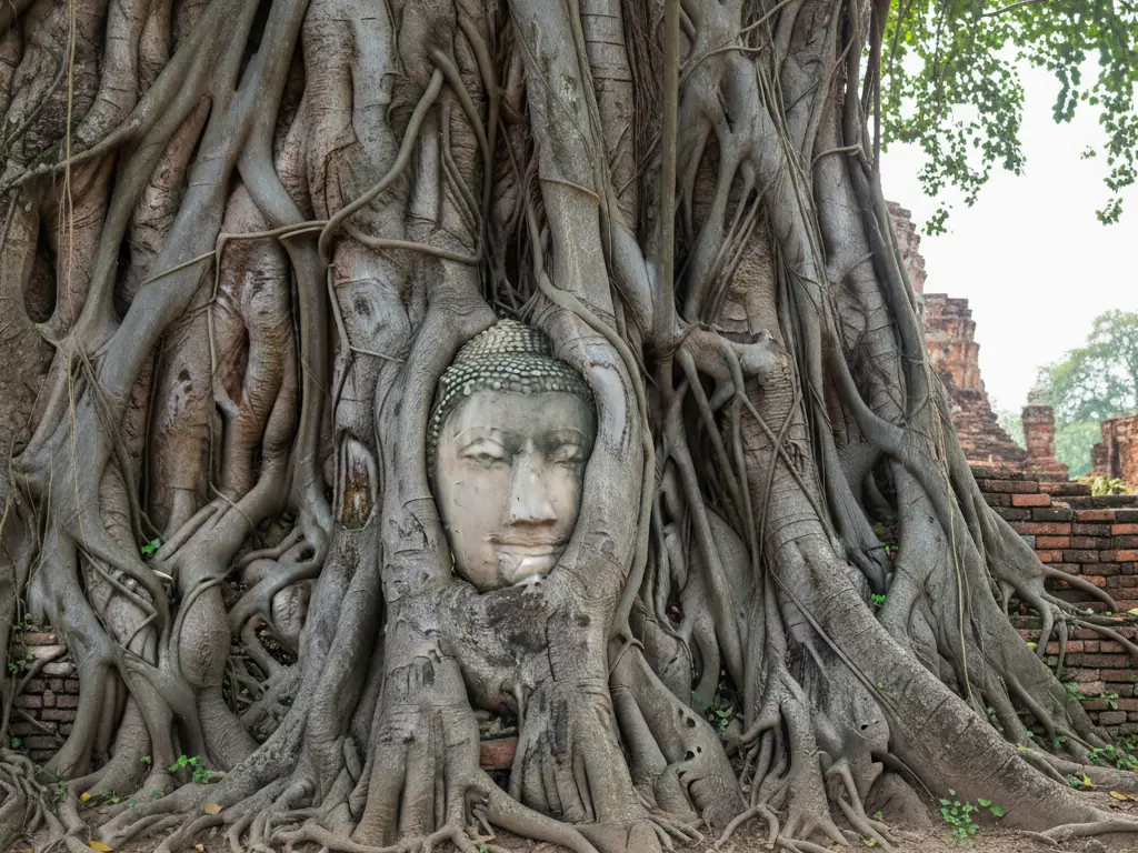 Ayutthaya stone Buddha head nestled in ancient tree roots at Wat Mahathat.