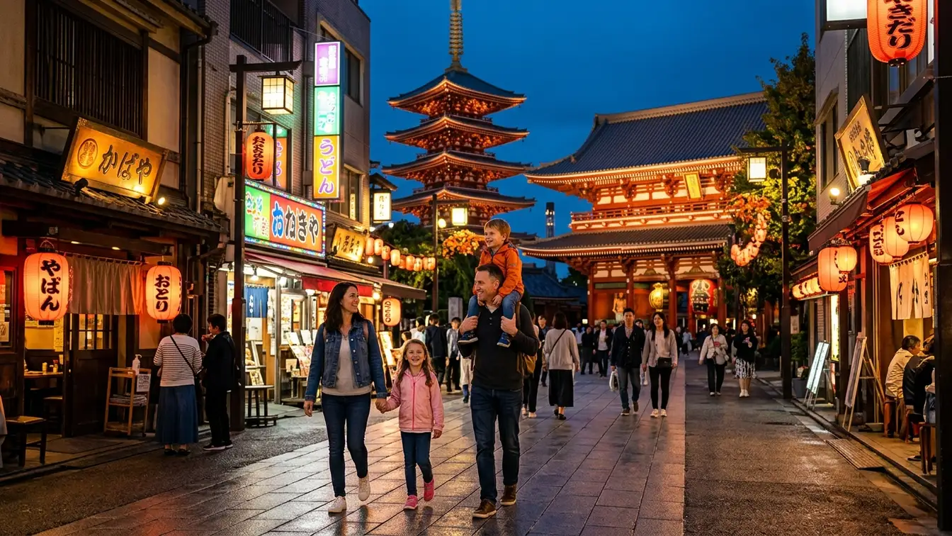 Family exploring Tokyo streets with children