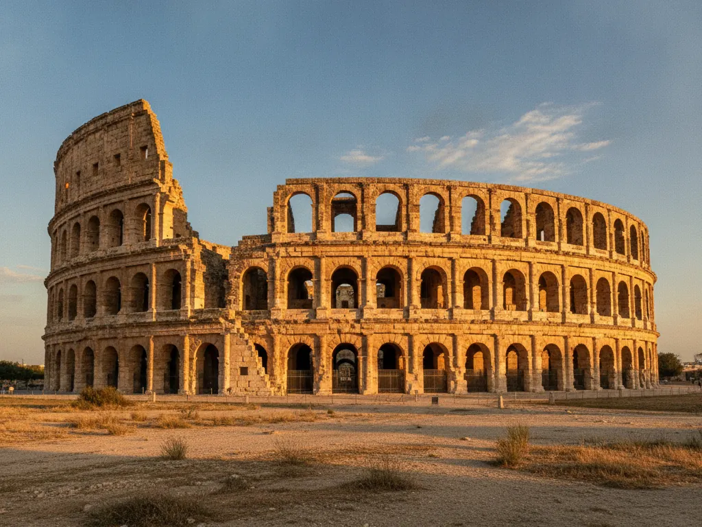 The ancient Roman amphitheater of El Jem rises golden against the blue sky.