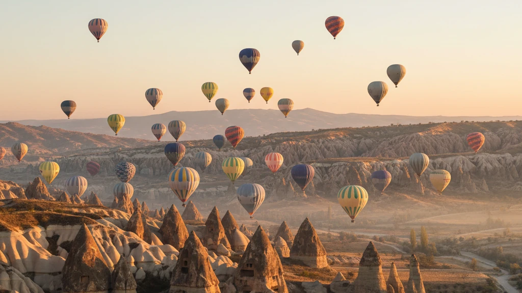 Hot air balloons floating above Cappadocia's fairy chimneys and rock formations at sunrise.
