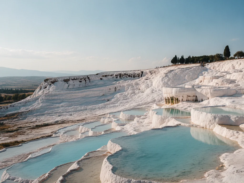 Pamukkale's white travertine terraces cascading down hillside with turquoise thermal pools reflecting sky.