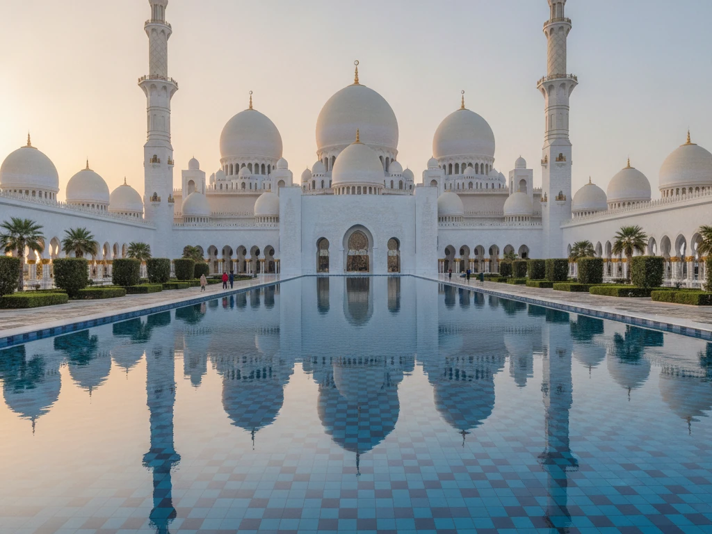 Sheikh Zayed Grand Mosque's white marble domes reflecting in courtyard pools.