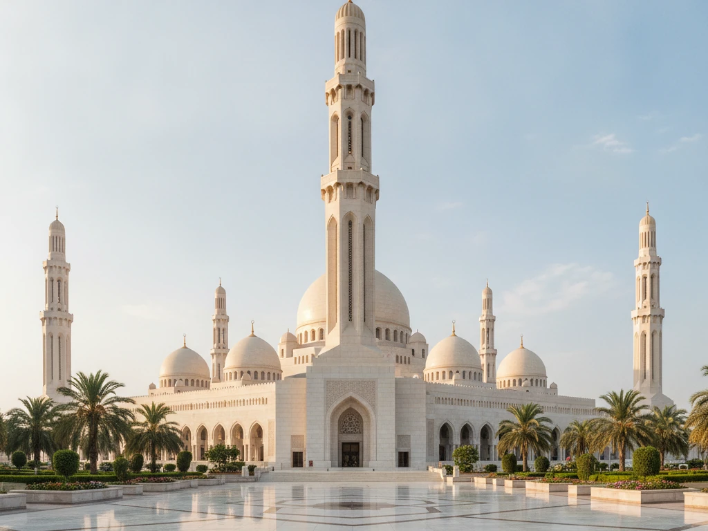Sultan Qaboos Grand Mosque with white marble domes and golden central minaret gleaming.