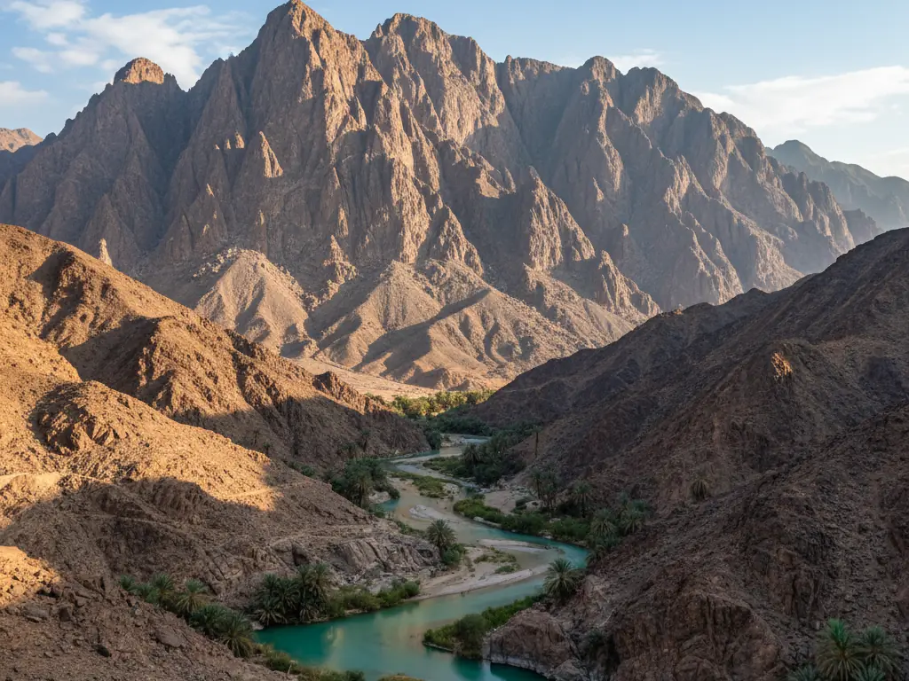 Hajar Mountains' rugged peaks rising dramatically above Hatta's turquoise wadis below.