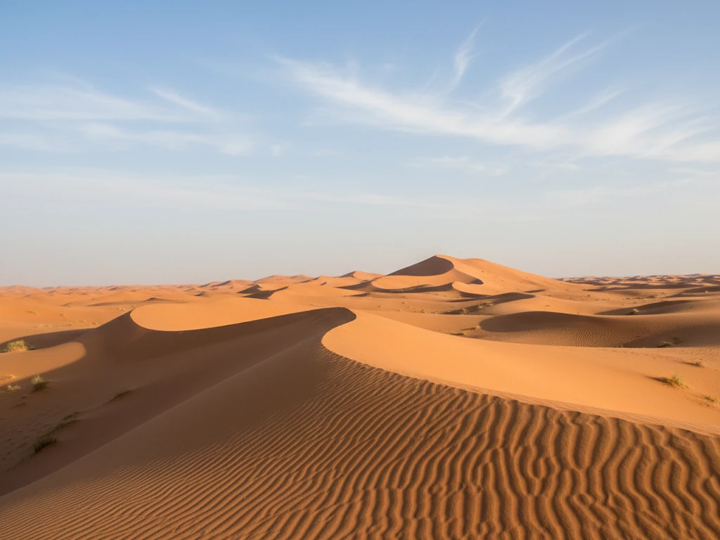 Liwa Desert's towering orange sand dunes stretching endlessly beneath blue skies.