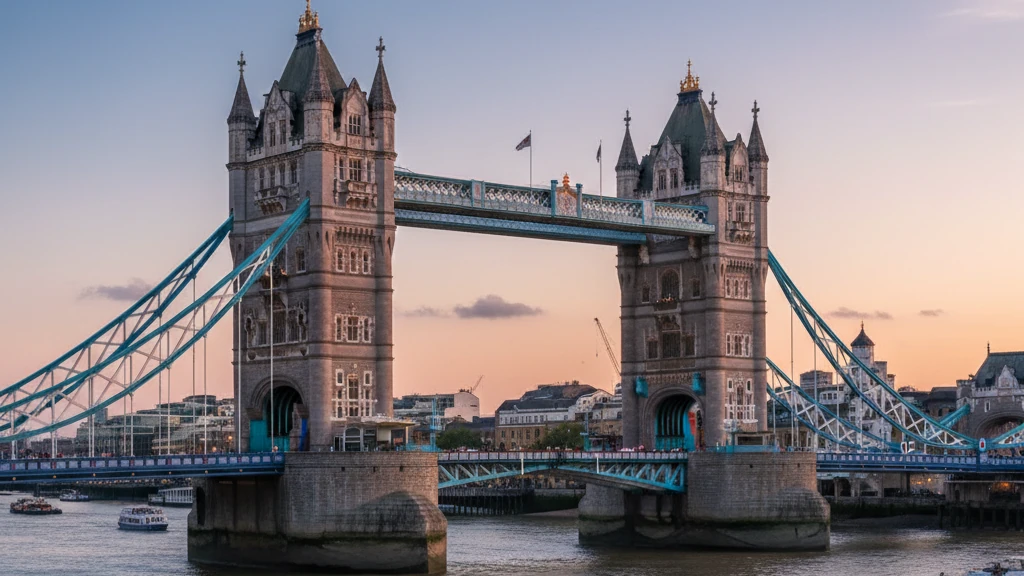 Tower Bridge's twin Gothic towers and blue suspension spans crossing the Thames River.