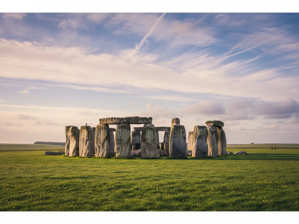 Stonehenge ancient stone circle standing in green Wiltshire fields under vast sky.