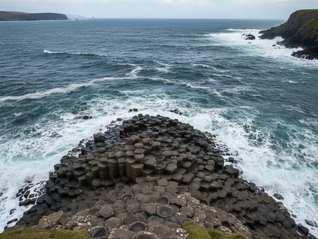 Giant's Causeway hexagonal basalt columns descending into churning Atlantic waters in Northern Ireland.