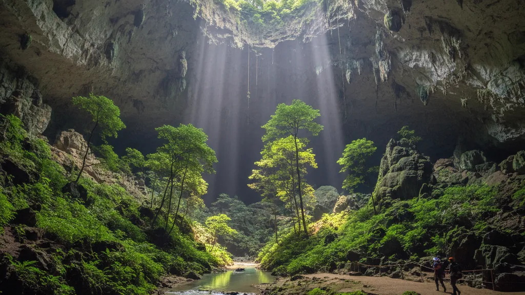 Phong Nha-Ke Bang's Son Doong Cave massive chambers with underground river and jungle.