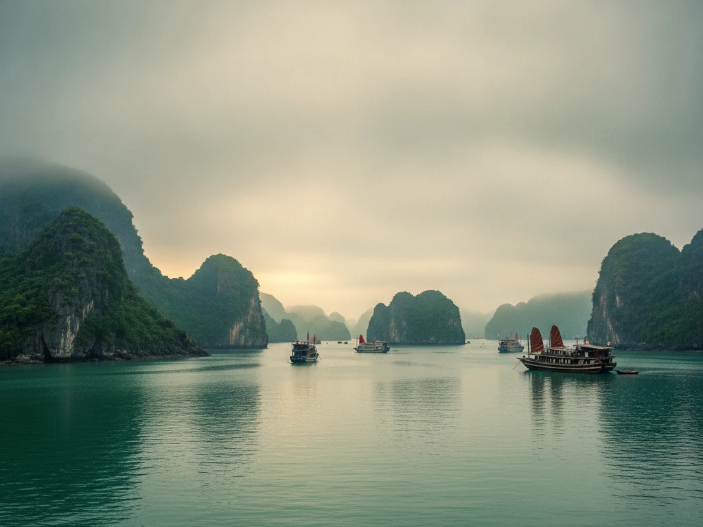 Ha Long Bay's limestone karsts rising dramatically from emerald waters under misty morning light.