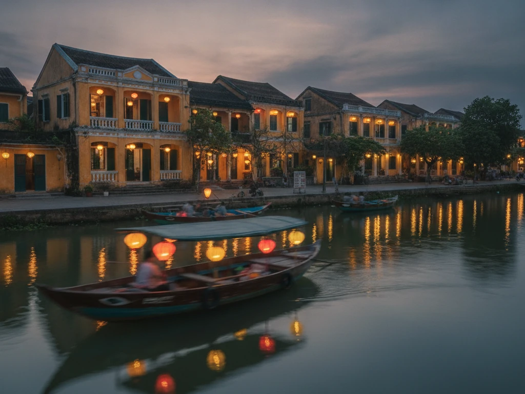 Hoi An Ancient Town's yellow colonial buildings and silk lanterns reflecting in Thu Bon River.