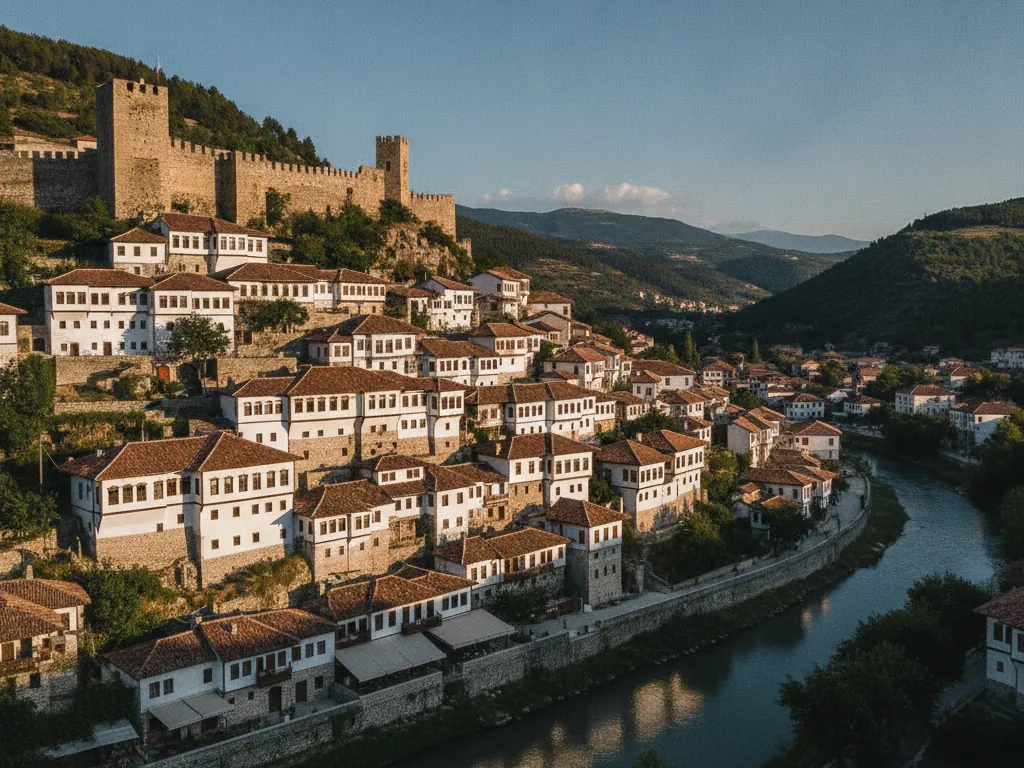 Berat's white Ottoman houses climbing the hillside below the medieval castle walls.