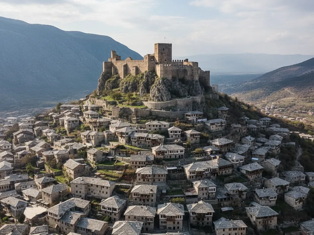 Gjirokastra's stone fortress overlooking gray slate-roofed houses on the mountainside.