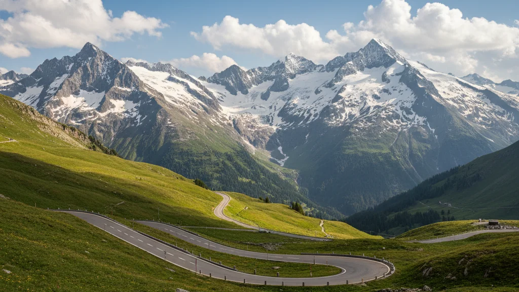 Grossglockner High Alpine Road winding through snow-capped peaks and green meadows.