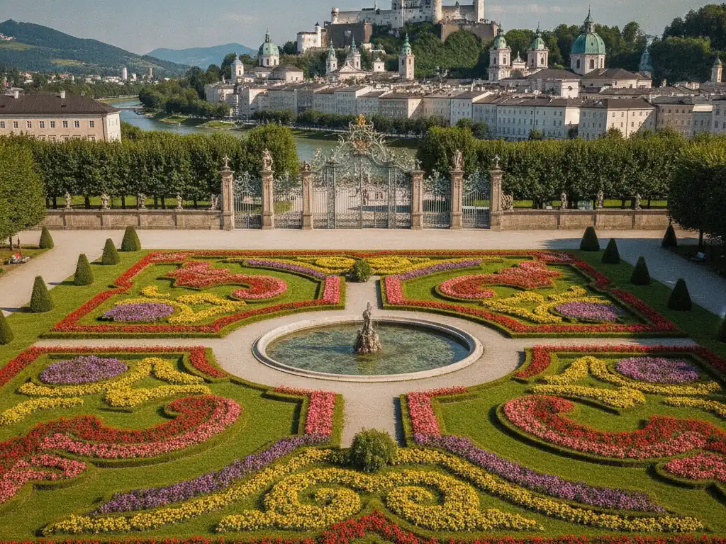 Mirabell Gardens geometric flowerbeds with Hohensalzburg Fortress overlooking Salzburg cityscape behind.