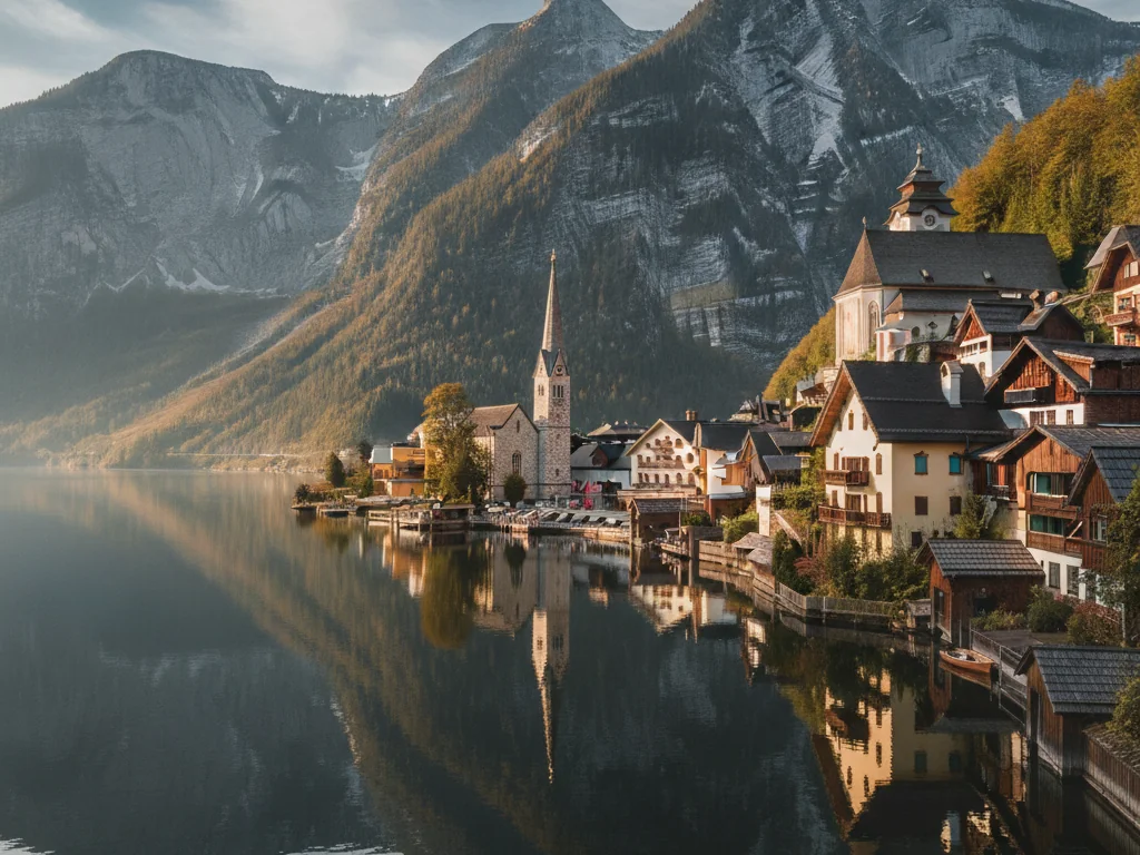 Hallstatt village wooden houses reflecting in alpine lake surrounded by Dachstein mountains.