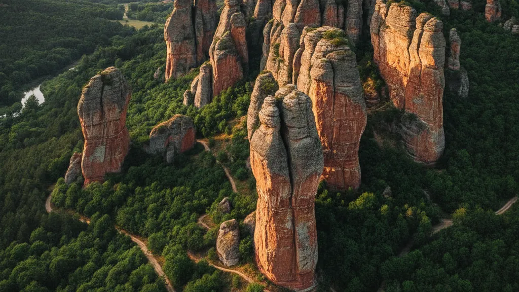 Belogradchik Rocks' towering red sandstone formations rising above green valleys.