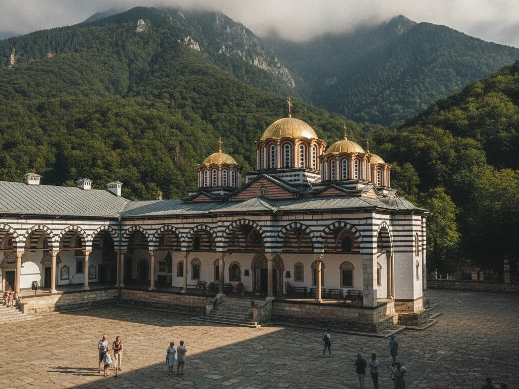 Rila Monastery's striped arches and golden domes nestled in forested mountains.