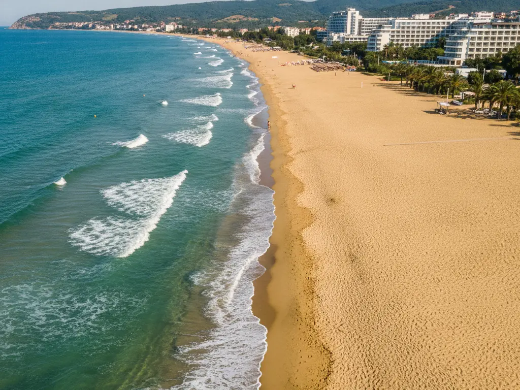 Sunny Beach's golden sand stretching along the turquoise Black Sea coastline.