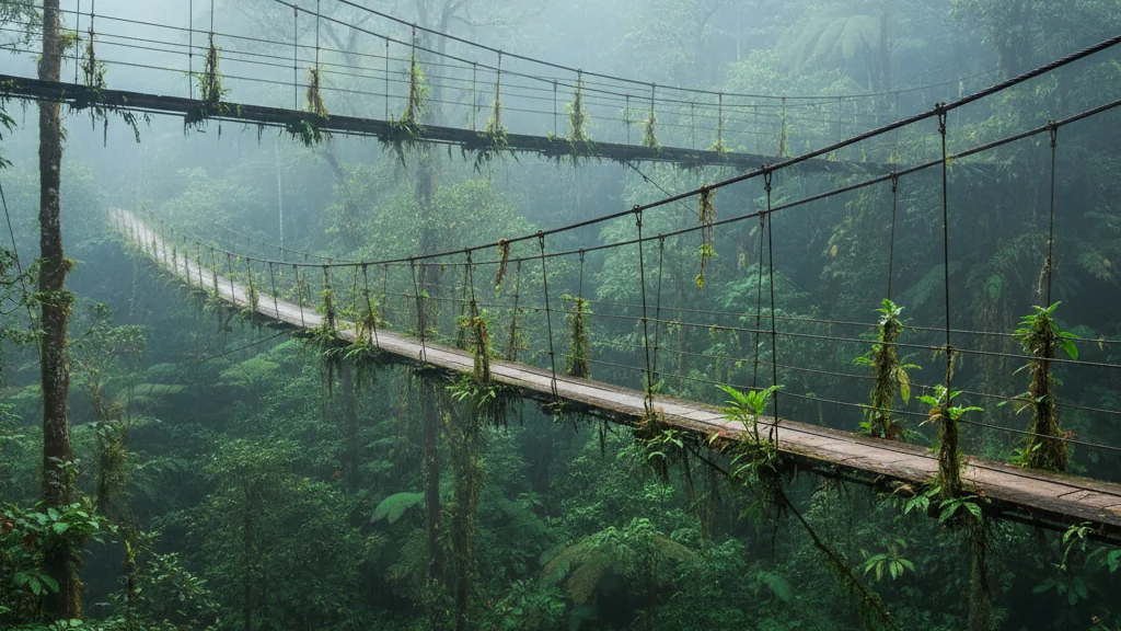 Monteverde Cloud Forest's misty canopy bridges suspended high above emerald green vegetation.