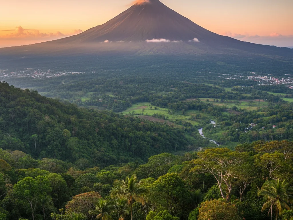 Arenal Volcano's perfect cone rising above lush rainforest and La Fortuna valley.