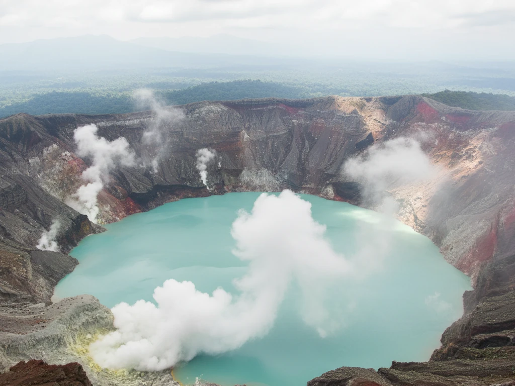 Poás Volcano's massive crater lake with turquoise acidic water and steam vents.