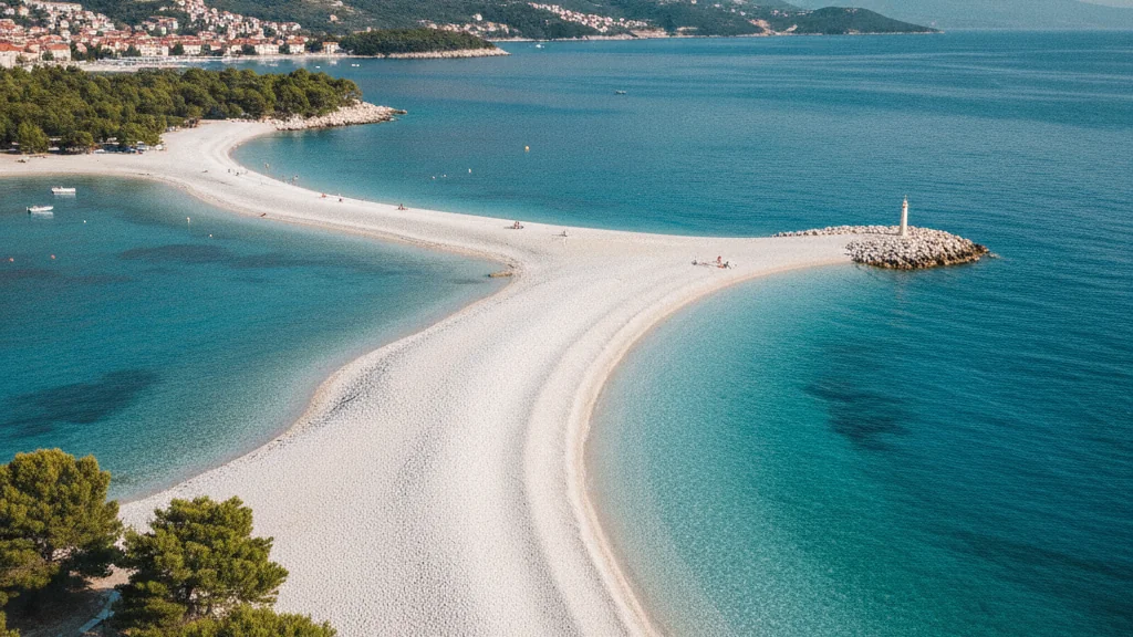 Zlatni Rat beach's distinctive white pebble spit jutting into crystal-clear blue waters near Bol.