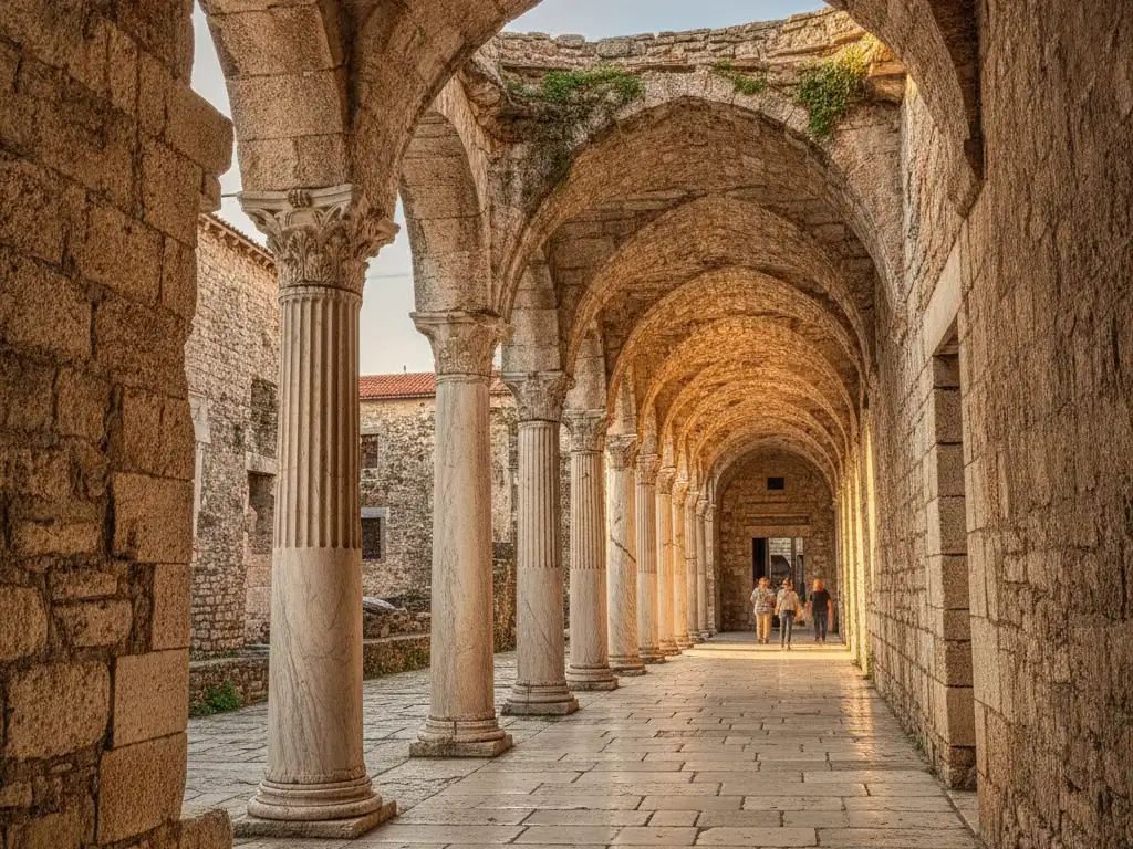 Diocletian's Palace stone corridors and ancient Roman columns in Split's historic old town center.