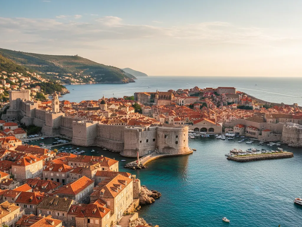 Dubrovnik's ancient limestone city walls encircling red-roofed buildings above the sparkling Adriatic Sea.