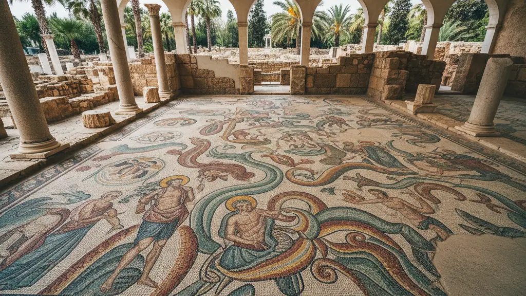 Byzantine mosaics depicting colorful mythological scenes inside Paphos Archaeological Park's Roman villas.