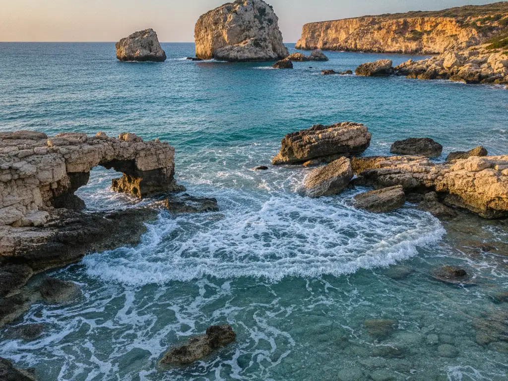 Turquoise waves lapping ancient stone ruins at Aphrodite's Rock beach, Petra tou Romiou.