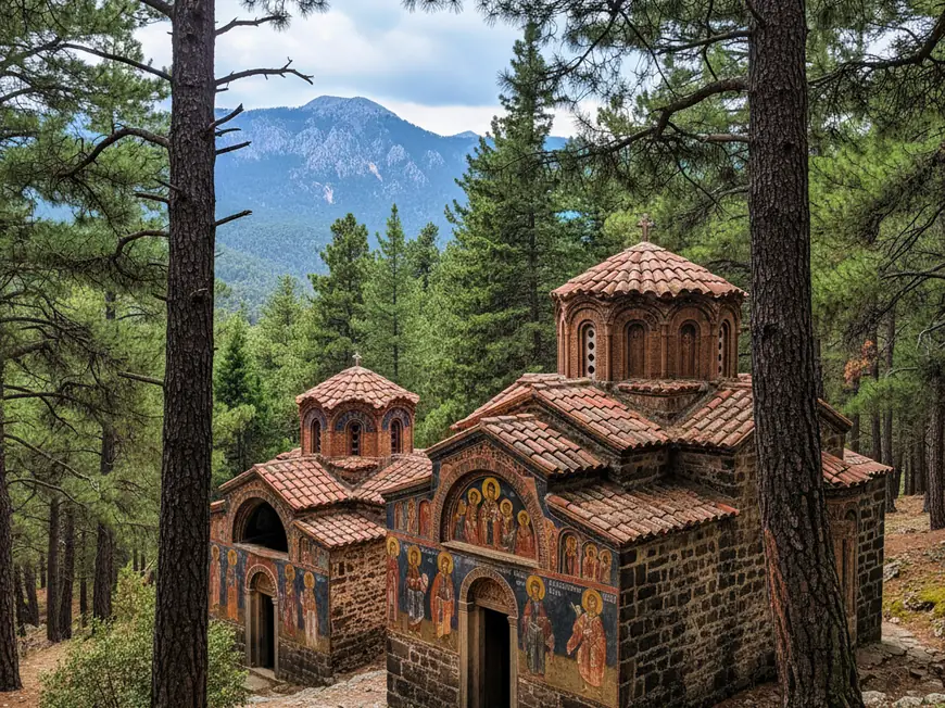 Painted churches with Orthodox frescoes nestled among pine forests in Troodos Mountains.