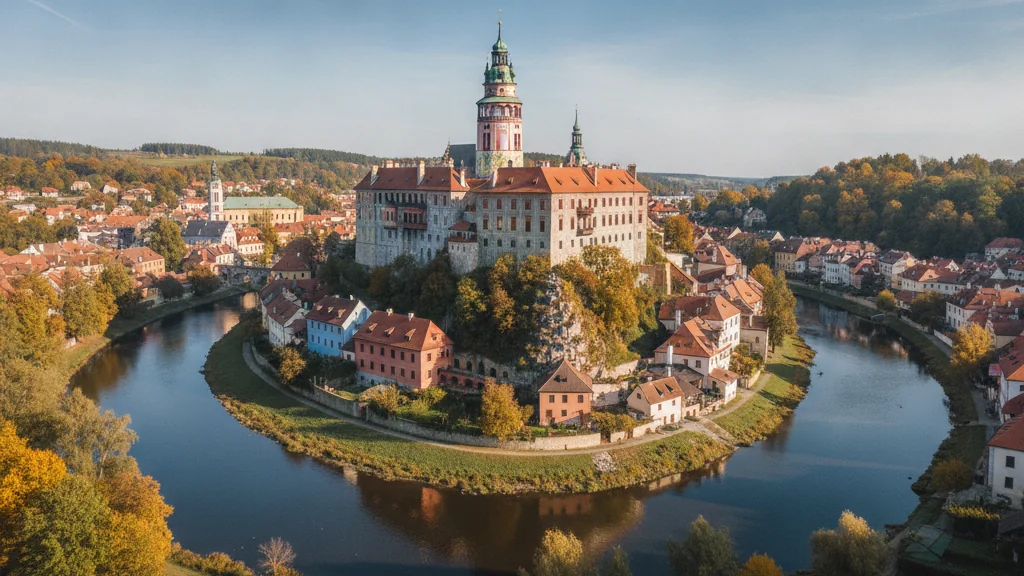 Český Krumlov's curved river bend wrapping around colorful Renaissance buildings and castle tower.