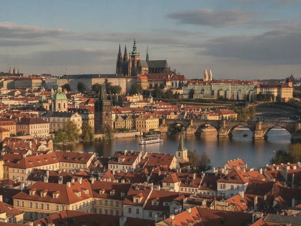 Prague Castle complex with Gothic spires overlooking red-roofed medieval buildings and Vltava River below.