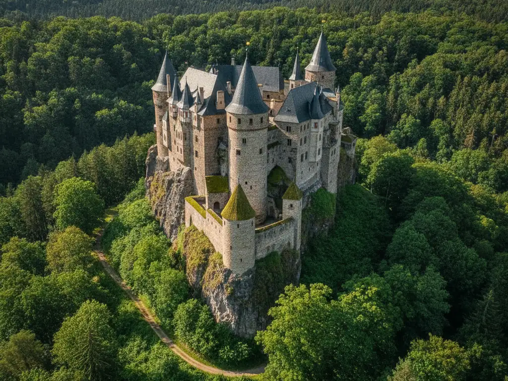 Karlštejn Castle's towering stone walls and turrets rising above dense green Bohemian forest.