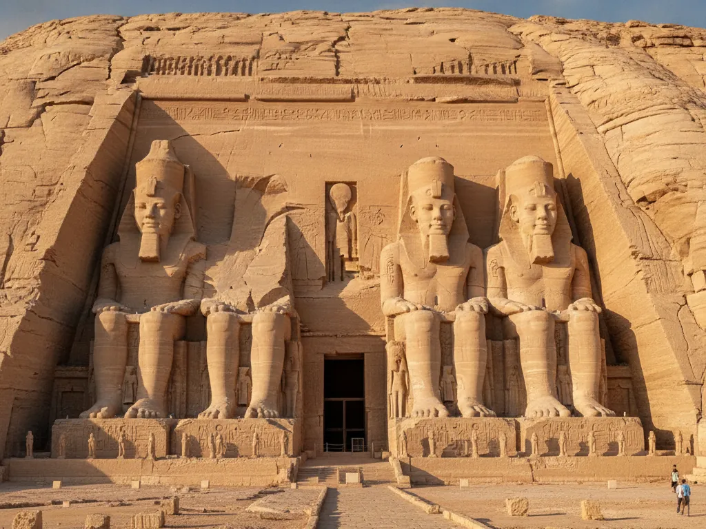 Abu Simbel's colossal pharaoh statues carved into the sandstone cliff face.