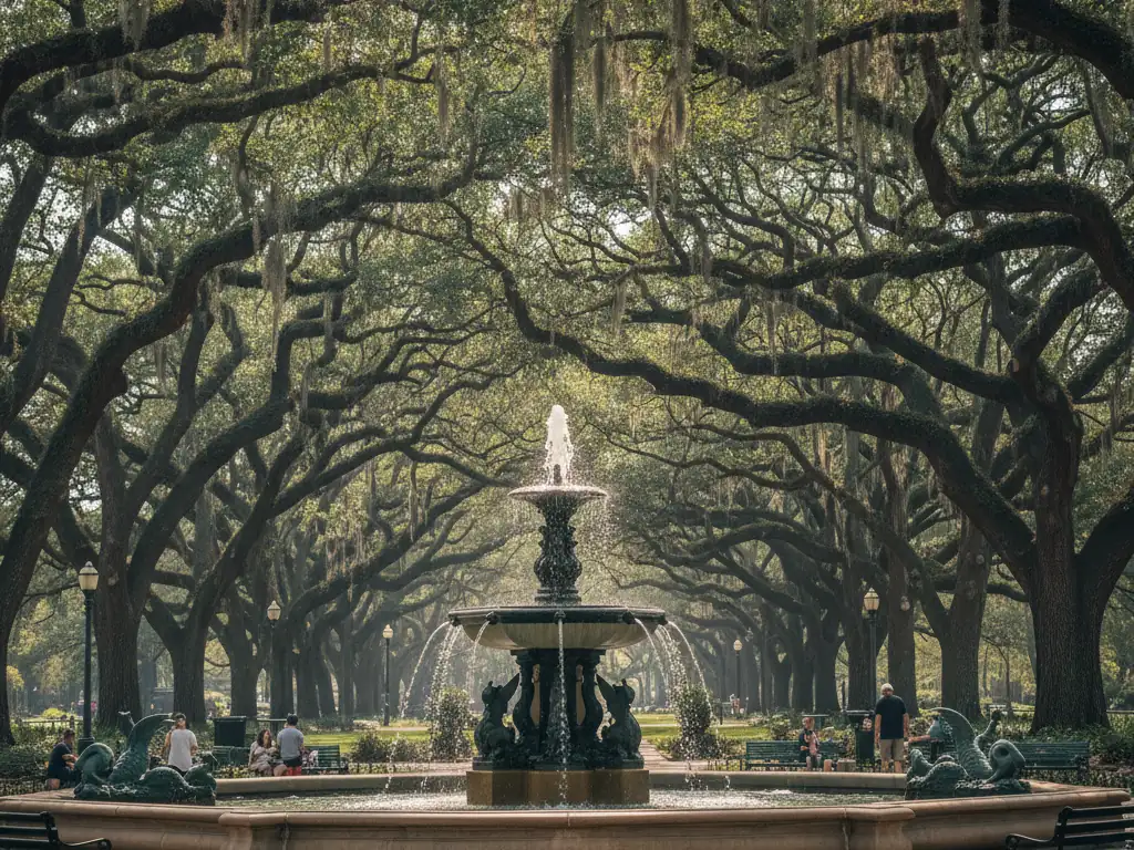Savannah's Forsyth Park fountain spraying water beneath sprawling oak trees draped in Spanish moss.