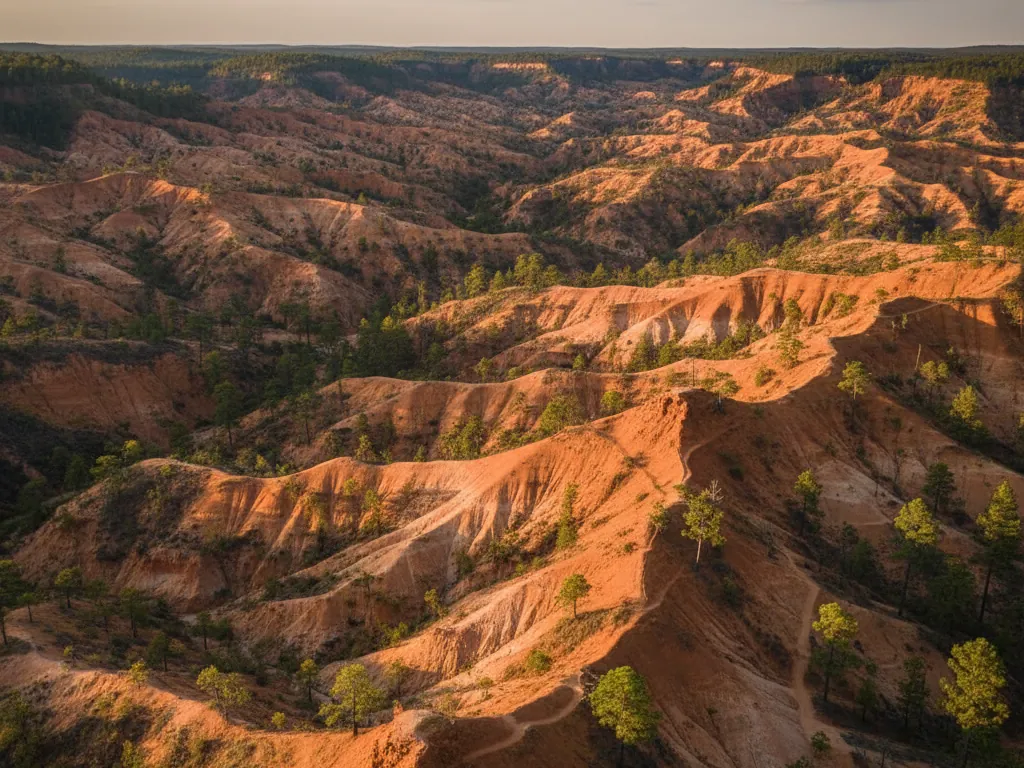 Providence Canyon's deep rust-colored gullies and ridges stretching across eroded Georgia landscape.