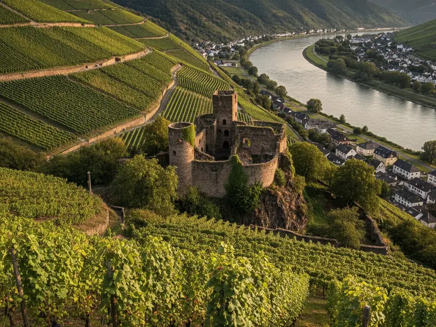 Rhine River valley vineyards cascading down hillsides toward medieval castle ruins
