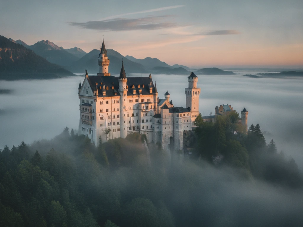 Neuschwanstein Castle's white turrets rising above Bavarian forest in morning mist