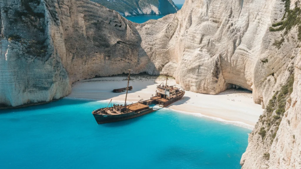 Turquoise waters and dramatic limestone cliffs of Navagio Shipwreck Beach, Zakynthos.