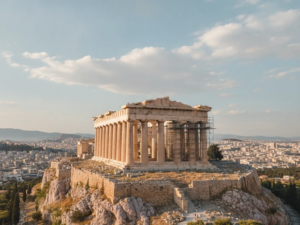 Ancient Parthenon temple standing majestically atop the Acropolis hill in Athens.